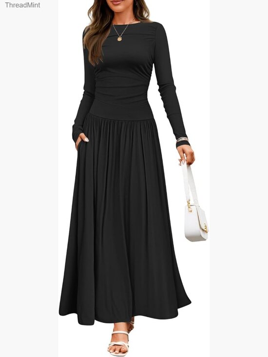 Dresses & Skirts - Long Sleeve Knit Maxi Dress with Pockets Swing Pleated A-Line